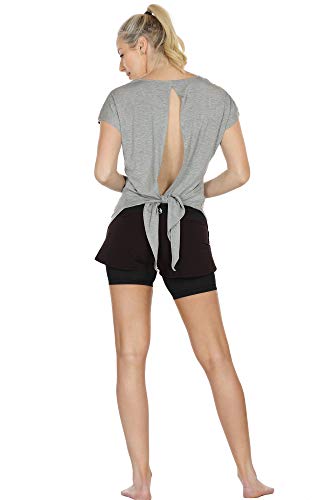 icyzone Camiseta Deportiva de Manga Corta de Suelta de Espalda Abierta para Mujer, Pack de 2 -M-Negro/Gris