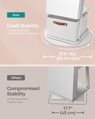 SONGMICS 360° Swivel Mirrored Jewelry Cabinet with Lights, Full-Length Mirror with Jewelry Storage, Standing Jewelry Armoire Organizer, with Large Storage Basket, Makeup Shelf, Cloud White UJJC018W01