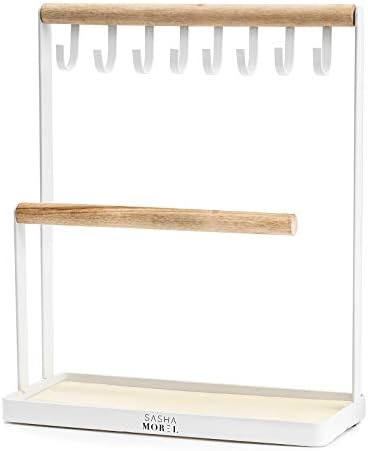 Sasha Morel Jewellery Organiser Display Stand with Wooden Ring Holder Tray and Hooks | Necklace, Bracelet, Watch, Earring Storage Holder | Jewelry Stand Tabletop Decor