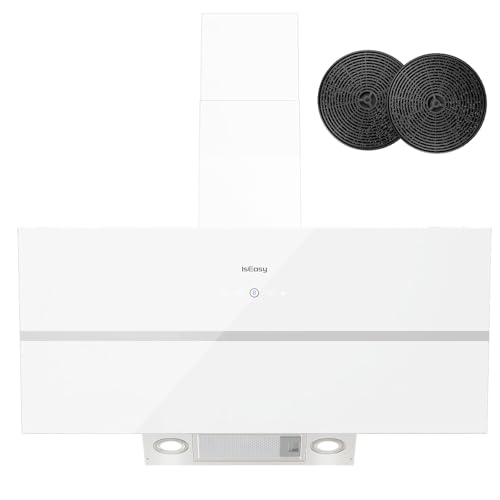 IsEasy Hotte Aspirante 90cm, Hotte de Cuisine Inclinées Blanc, Classe A++, 594 m³/h, 4 Vitesses, Eclairage à LED, Evacuation ou Recyclage, 2 Filtres à Charbon Inclus
