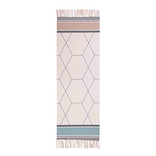 Alfombra Tejida a Mano con Borlas, Morbuy Algodón y Lino Estilo Bohemio Esterilla, Decorativo Manta Té Cuarto de Estar Alfombra Mesita Área de Alfombra (Geometría Gris Rosa,60 * 130cm)