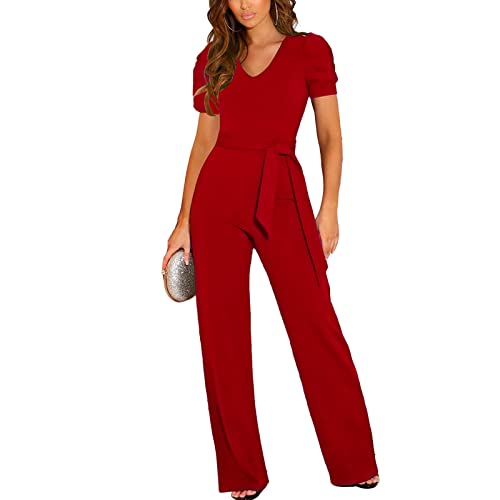 Ausla Damen V-Ausschnitt Lang Playsuit Lang Weites Bein Jumpsuit Elegant...