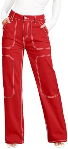 Dokotoo Women's Casual Mid Waist Cargo Jeans Stretch Button Wide Leg...