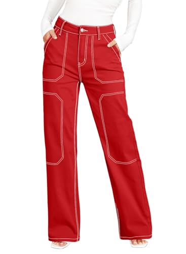 Dokotoo Womens Casual Mid Waist Cargo Jeans for Women Stretch Wide Leg Denim Pants Red Size 16