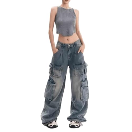 BXCNCKD Women's Retro Y2K Jeans with Multiple Pockets Loose Straight Leg Pants Street Trend Cargo Pants