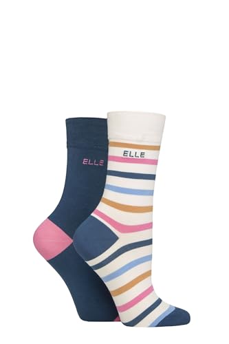 Elle Women's Striped and Plain Soft, Cooling & Breathable Bamboo Socks in a Multipack of 2 Pairs Size 4-8 Casual Wear (UK, Numeric, 4, 8, Regular, Regular, Seafarer)