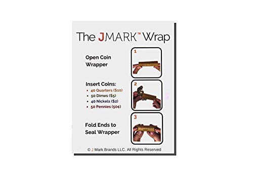 J Mark 100 Count Assorted Flat Coin Roll Wrappers - Made in USA, 25 Each of Quarter, Penny, Nickel and Dime Rollers and J Mark Coin Deposit Slip