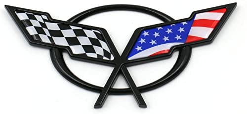 Image of Front Nose Cross Flags Emblem Car Badge Replacement for 97-04 Corvette C5 Chevrolet Decal 19207384 19207385 (Front - w /Alignment Pins) (US Flag-Black /Blue)