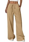PRETTYGARDEN Womens Palazzo Pants Summer Fashion 2026 High Waisted Wide Leg Drawstring Flowy Beach Trousers with Pockets (Khaki,X-Large)