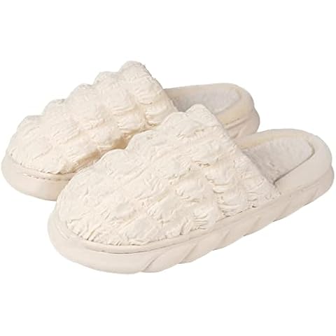 Womens Seersucker Fuzzy Slippers Memory Foam Slippers, White Cozy Plush Winter Home Floor Slippers Fluffy Furry Breathable House Shoes Indoor Outdoor Slide Slipper Cover