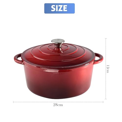Image of Enamel Coated Induction Base Hard Anodised Non Stick Cast Iron Dutch Oven with Lid & Handles | Cook & Serve Dutch Oven Cast Iron Handi for Cooking | Ombre - Red