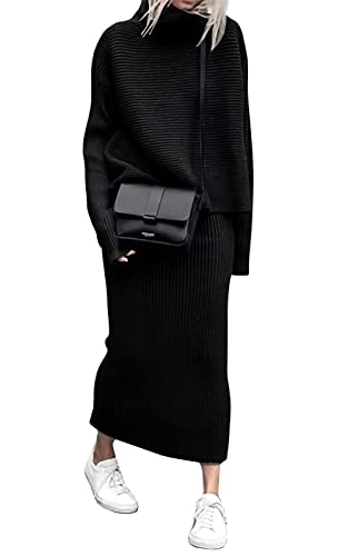 Image of ebossy Womens Ribbed Knit Sweater Outfits Casual Loose 2 Piece Turtleneck Pullovers Elastic Waist Maxi Skirt Sets