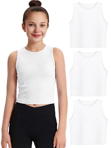 Poroka 3 Packs Girls Tank Tops Sleeveless Athletic Ribbed Knit Crop Tops Basic Camisole for Kids 5-14Y