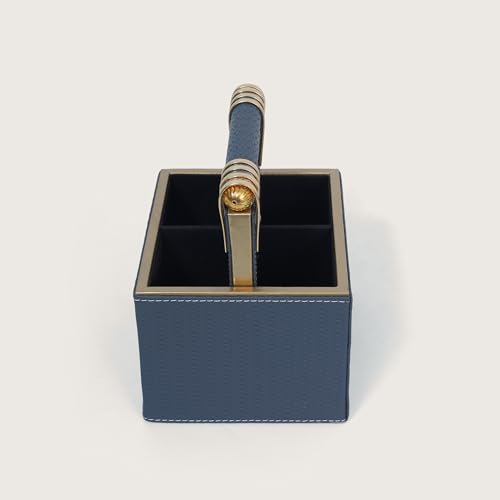 Image of HOME 360 Woven Pattern Leather Spoon Stand | Cutlery Stand with 4 Divider 18X16X13 CM | Use for Dining table| Organize Spoons | Forks | Cutlery | Home Decor | Spoons Holder | Cutlery Holder | Blue