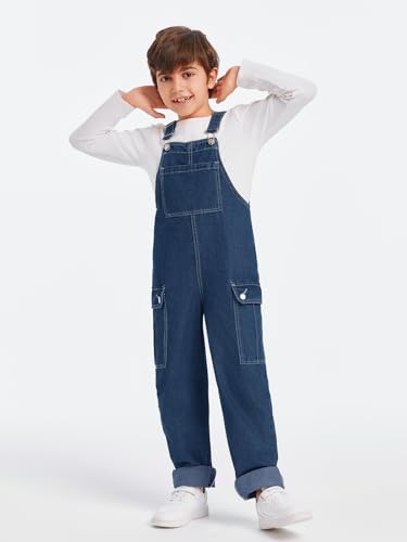 Haloumoning Macacão jeans moderno para meninos com bolsos de aba de 5 a 14 anos, Azul marinho, 7-8 a