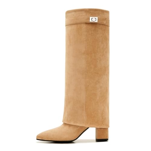 Women’s Shark Boots – Suede Fold Over Knee High Boots, Pointed Toe Block Heel Fashion Boots2