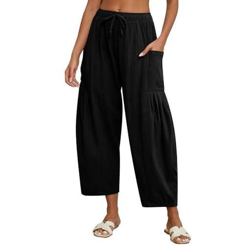 Women Linen Pants Wide Leg Boho Pants Loose Lightweigt Beach Palazzo Harem Pants with Pockets Medium Black