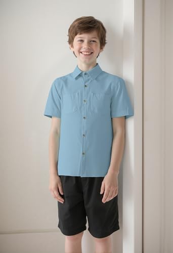 YUYAPA Boys Button Down Shirt Casual Short Sleeve Woven Shirts with Two Pockets for Kids 6-14 Years2