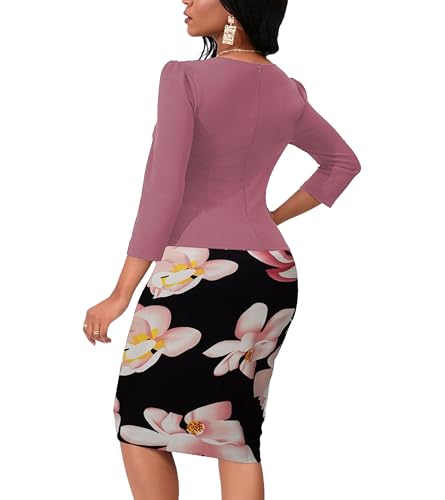 Yajedo Women'S Reto Bodycon Midi Dresses 3/4 Sleeve Teacher Church Wear To Work Modest Business Outfits Faux Blazer Suiting Pencil Dress Pink Floral thumb #6