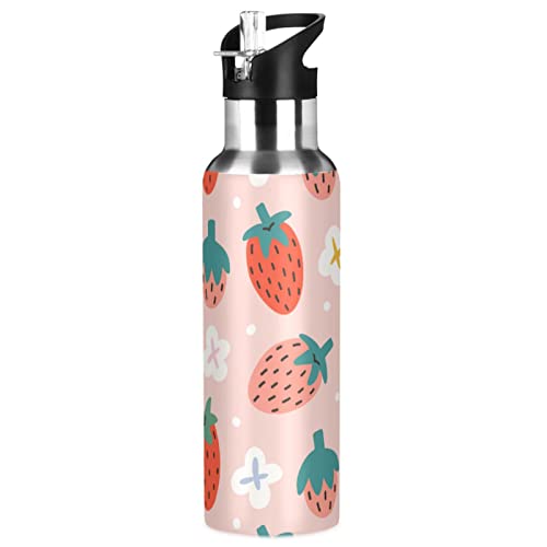 ZZKKO Water Bottle with Straw Strawberries Cute Pink Stainless Steel Iron Flask Capsule Water Bottle Daily Water Intake Bottle Thermos Kids Cups No Spill Women Adult 20OZ/600ML