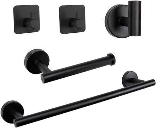 Image of JIALTO 5-Piece Bathroom Towel Holder | Towel Rod | Toilet Roll Stand | Wall Mounted Bathroom Fittings Full Set - 16 Inch Hand Towel Bar | Toilet Paper Holder | Adhesive Hooks(Black, 5 - Pieces Set)
