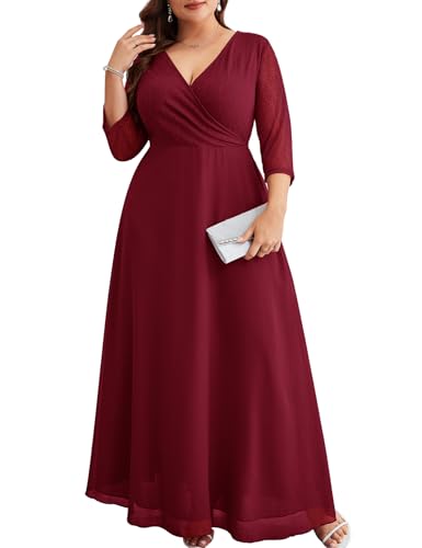 Image of ZOMVA Plus Size Maxi Formal Dress Lace Chiffon Floral V-Neck Wrap Wedding Guest Evening Gown Cocktail Prom 3 /4 Sleeves