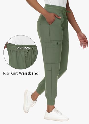 Image of MIVEI High Waisted Jogger Style Scrub Pants for Women - 8 Pockets Medical Bottoms Tapered Yoga Waistband Ribbed Ankle Cuffs