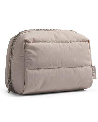 Image of BAGSMART Small Makeup Bag, Puffy Wide-open Zipper Cosmetic Pouch, Camel | Puffy Padded, Travel Essentials, Make Up Bag, For Women, Makeup Organizer, Toiletries Accessories Brushes