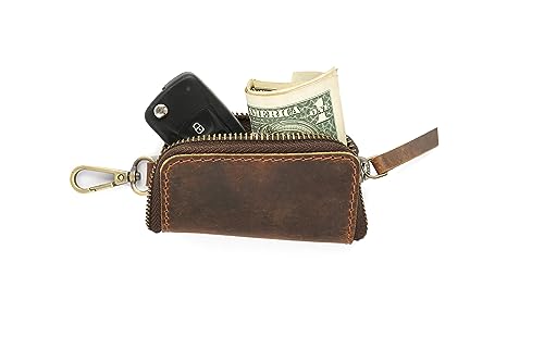 Image of Handmade Full Grain Leather Car Key Holder & Zippered Coin Purse | Belt Loop Key Chain, Compact Earphone Holder, Multi-Functional Money Purse, Elegant Leather Accessory, Versatile Key Organizer
