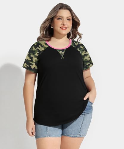 Image of CARCOS Plus Size Tops for Women Short Sleeve Raglan Striped Tee Color Block Crewneck /V Neck Tunic Loose Fit Summer XL-5XL