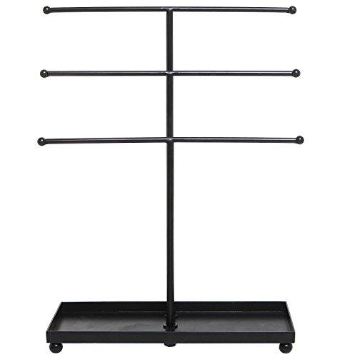 Mygift Modern Jewelry Organizer, 3 Tier Black Metal Tabletop Bracelet And Necklace Jewelry Storage Display Tree Rack With Base Ring Tray #TOP3
