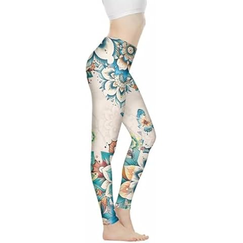UNICEU Womens Workout Leggings Boho Floral Butterfly Print Tummy Control Butt Lifting Athletic Leggings Full Length Yoga Pants Cover