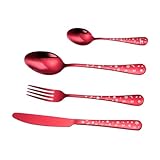 jojofuny Juego de Cubiertos Navideños de Acero Inoxidable 4 Piezas para Hogar Incluye Cuchillo Tenedor y Dos Cucharas Color Rojo para Comidas y Celebraciones