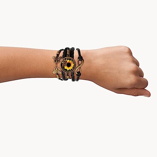 Image of Boho Sunflower Gifts Sunflower Leather Bohemian Bracelet Birthday Gifts for Women Teens Granddaughter Wife Daughter Mom Friendship Bracelets for Her