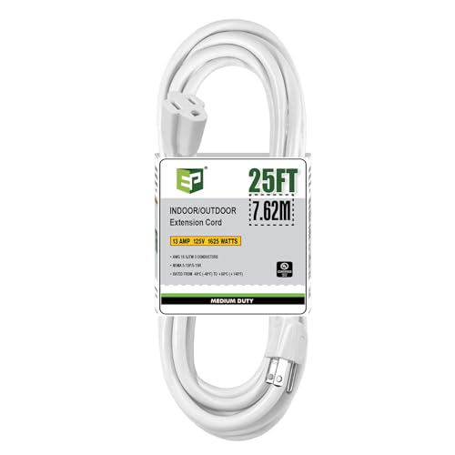 EP 25 Ft Outdoor Extension Cord - 16/3 SJTW Durable White Electrical Cable with 3 Prong Grounded Plug, UL Listed