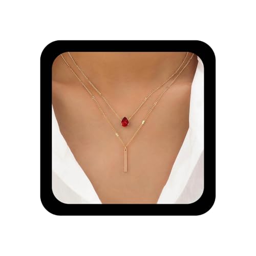 Cybche Collier Boho Rubis Rouge Collier Goutte D'eau Collier Barre Verticale Colliers Ras De Cou Colliers Cristal Rouge Chaîne Cz Goutte D'eau Créé Rubis...