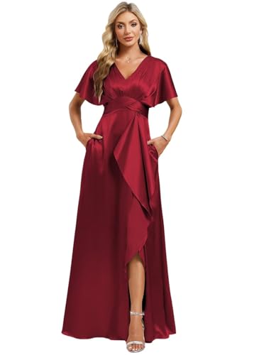 Image of Elegant Satin Bridesmaid Dress with Sleeves Ruffles High Silt Formal Dresses Long for Women Fall DIN022
