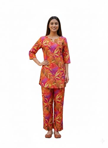 Image of NAINVISH Women's Printed Rayon Blend Co-ord Set | Straight Fit Top & Pant Ensemble | V-Neck Mandarin Collar Styles | Modern Black, Orange, Purple, Green Designs | Perfect for Casual, Festive Events