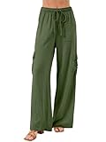 Beautiful Nomad Women's Linen Cargo Pants Casual High Waisted Wide Leg Pant Baggy Trousers with Pockets Green