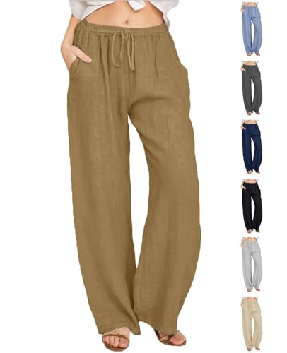 CheChury Women's Linen Trousers Summer Casual Baggy Trousers Elastic Waist Drawstring Casual Pants with Pockets Loose Fit Plain Brown M