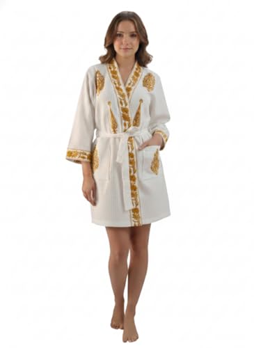 Image of Hand Block Print Cotton Waffle Fabric Short Bathrobe For Women's Ultra-Soft & Lightweight After Bath Spa Bathrobe Dress Women Bath Robe Dress | Highly Absorbent Mustard Yellow Printed