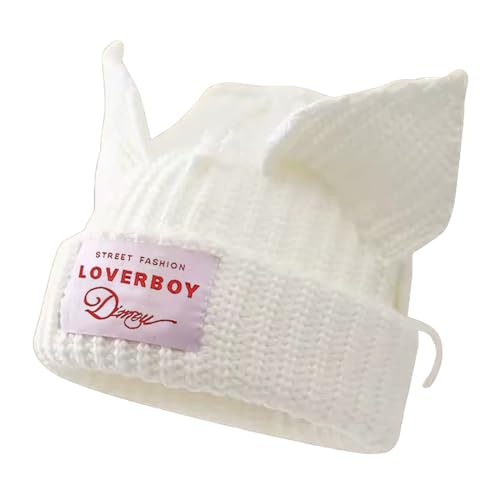 Cat Beanie with Ears Cat Ear Hat for Women Men Winter Knit Wool Cap Warm Slouchy Crochet Hat Pure White