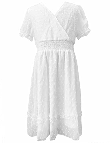 BattleTim Girls Summer Boho Wrap Dress Swiss Dot Puff Sleeve Ruffle Trim Casual Flowy Swing Dresses3