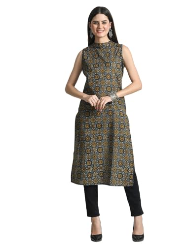Image of feranoid Unique Printed Choker Neck Back Button Sleeveless Long Kurti