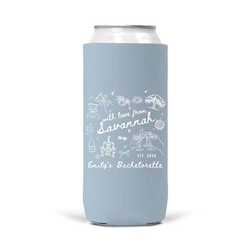 With Love From Savannah Bachelorette Can Cooler Personalized Georgia Bach Party Favor Savannah Girls Trip Slim Can Sleeve