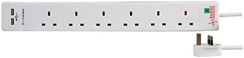 Pro Elec PEL00115 6 Gang Surge Protected Extension Lead with 2 x 2.4 V USB Charging Sockets, 5 m