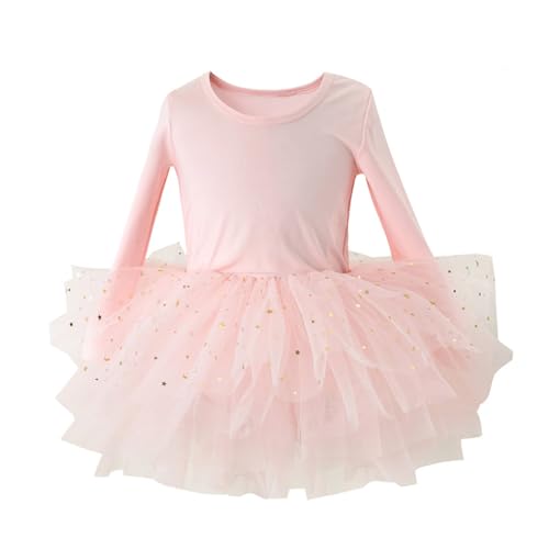 Sinzelimin 2-6T Baby Girls Balletce Dance Dresses Fashion Sequins Mesh Layer Long Sleeve Crewneck Tutu Dress Practice Skirts