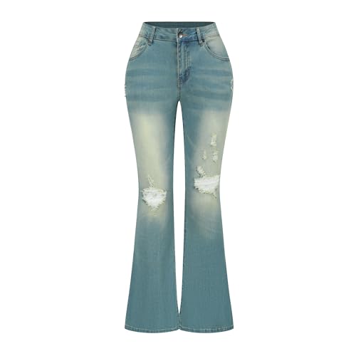 THUNDER STAR Womens Stretchy Mid Rise Flare Jeans Distressed Denim Bell Bottom Pants