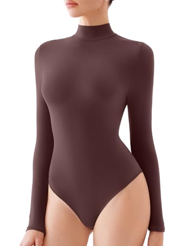 REORIA Womens Long Sleeve Bodysuits Mock Turtleneck Slim Tight Double Lined Basic Layering Body Suits Tops Fall Winter Outfits 2026(Brown X-Large)