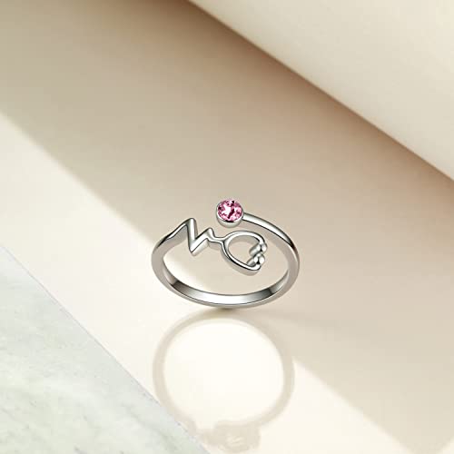 AOBOCO Sterling Silver Heartbeat EKG Stethoscope Ring Embellished with Simulated Birthstone Crystal from Austria, Medical Jewelry for Doctor Nurse Medical Student RN Nurse Gifts for Women2